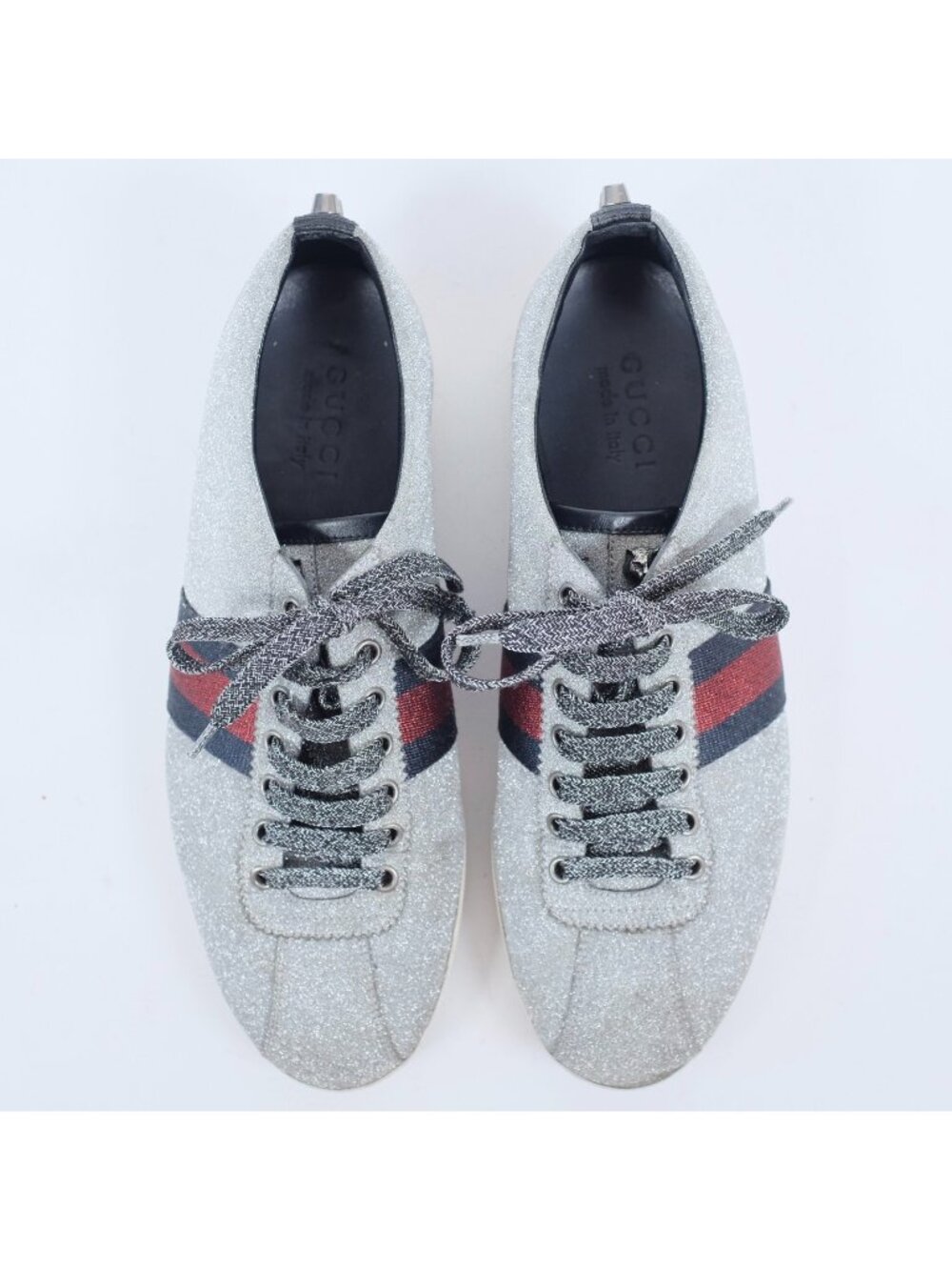 GUCCI Ace Glitter Trainers Sneakers 9.5 D Silver Web